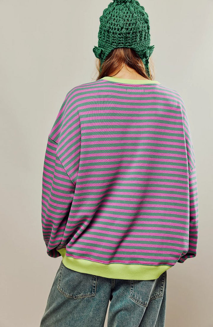 Women's Striped Relaxed-Fit Oversized Sweater Neon Trim