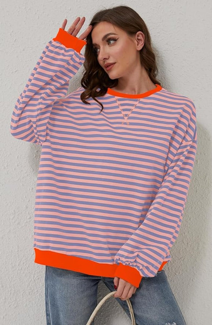 Women's Striped Relaxed-Fit Oversized Sweater Neon Trim