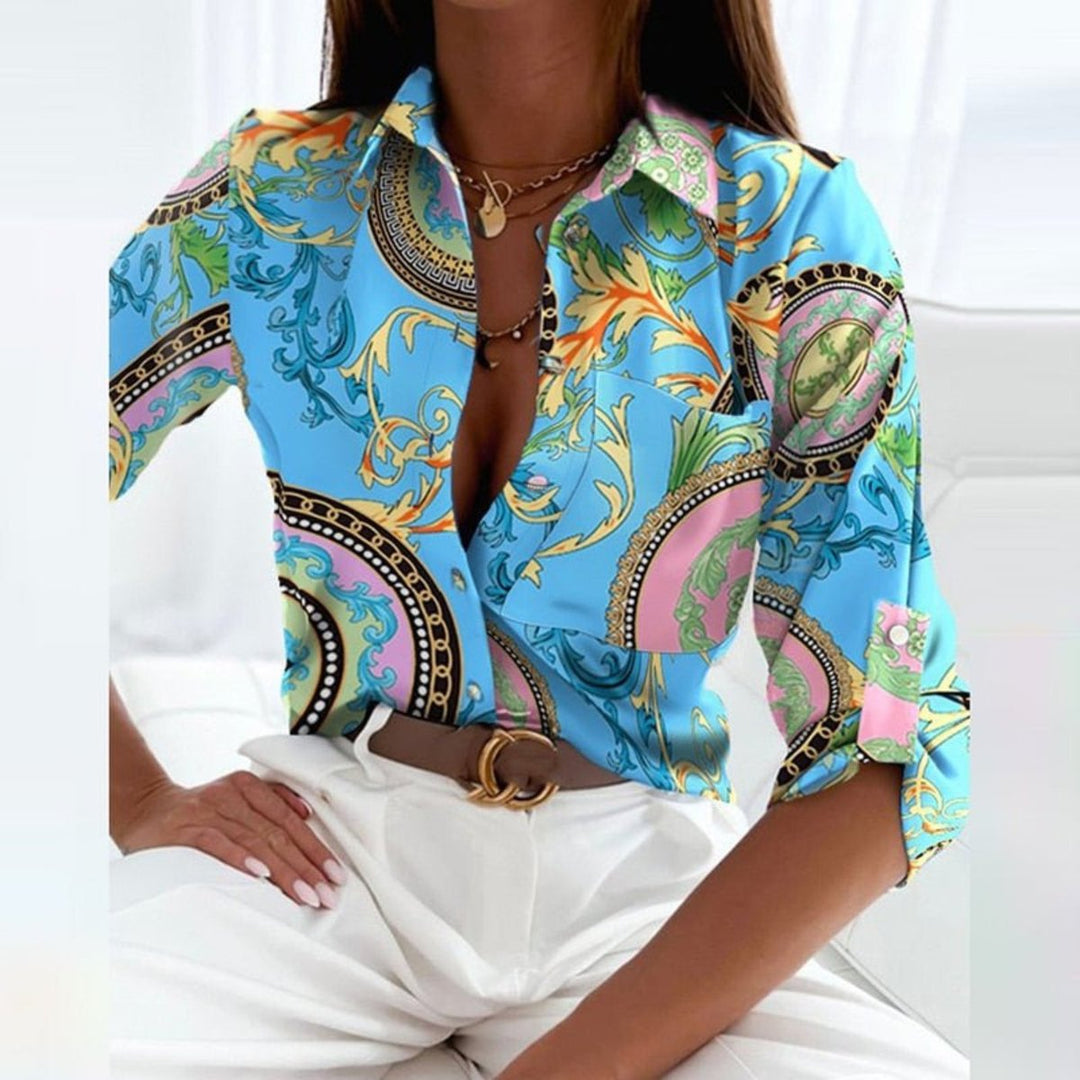 Women's Striped Satin Button-Down Collared Blouse