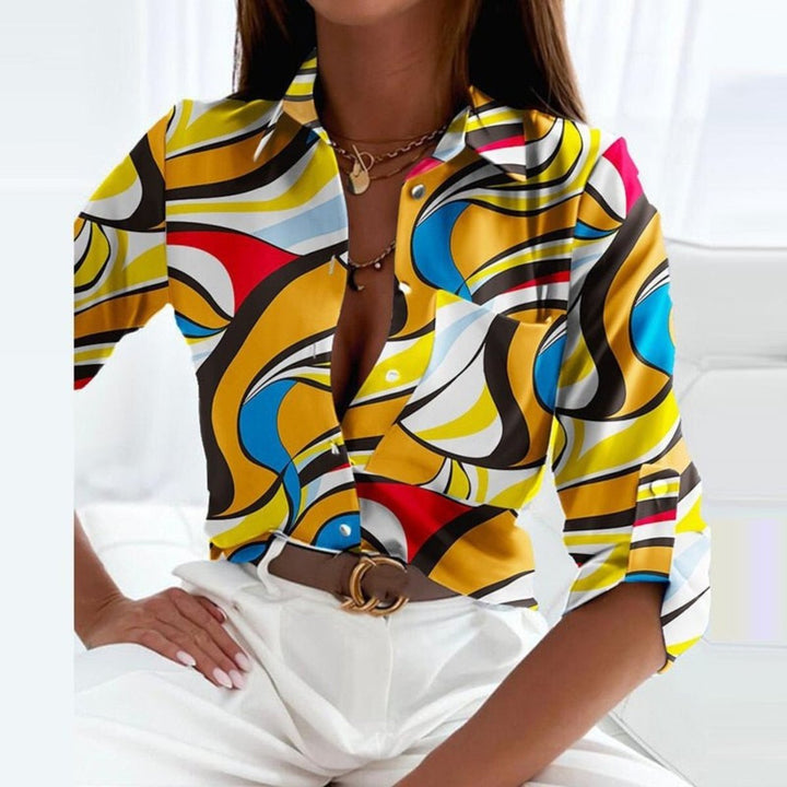 Women's Striped Satin Button-Down Collared Blouse