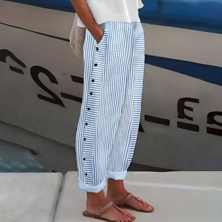 Women's Striped Side-Button Relaxed Casual Pants