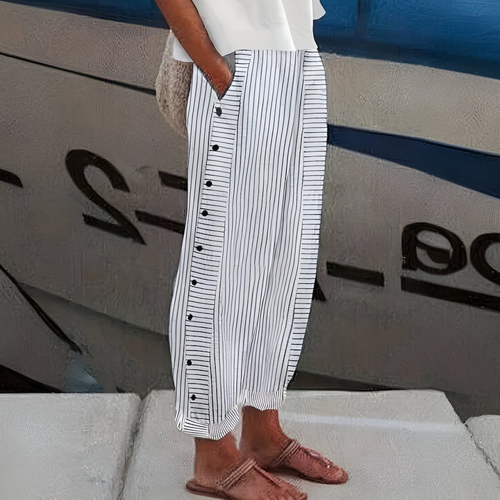 Women's Striped Side-Button Relaxed Casual Pants