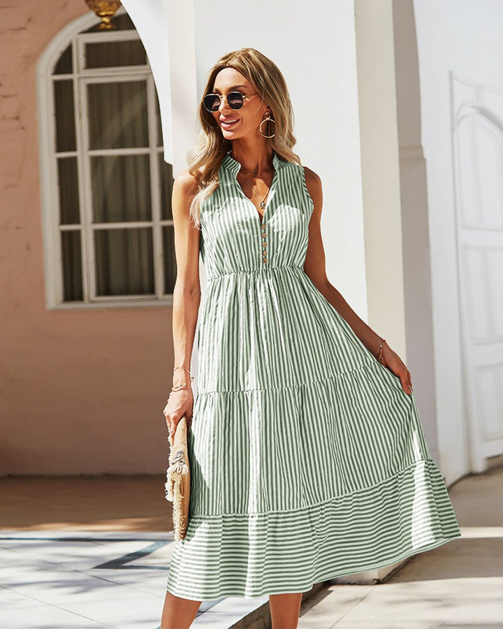 Women's Striped Sleeveless Button-Front Fall Midi Dress