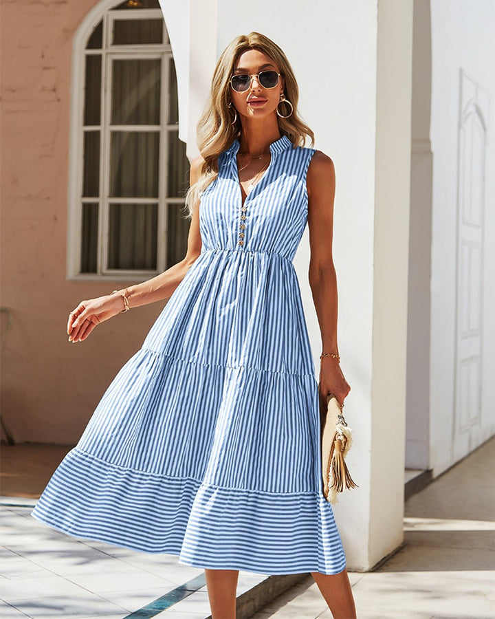 Women's Striped Sleeveless Button-Front Fall Midi Dress