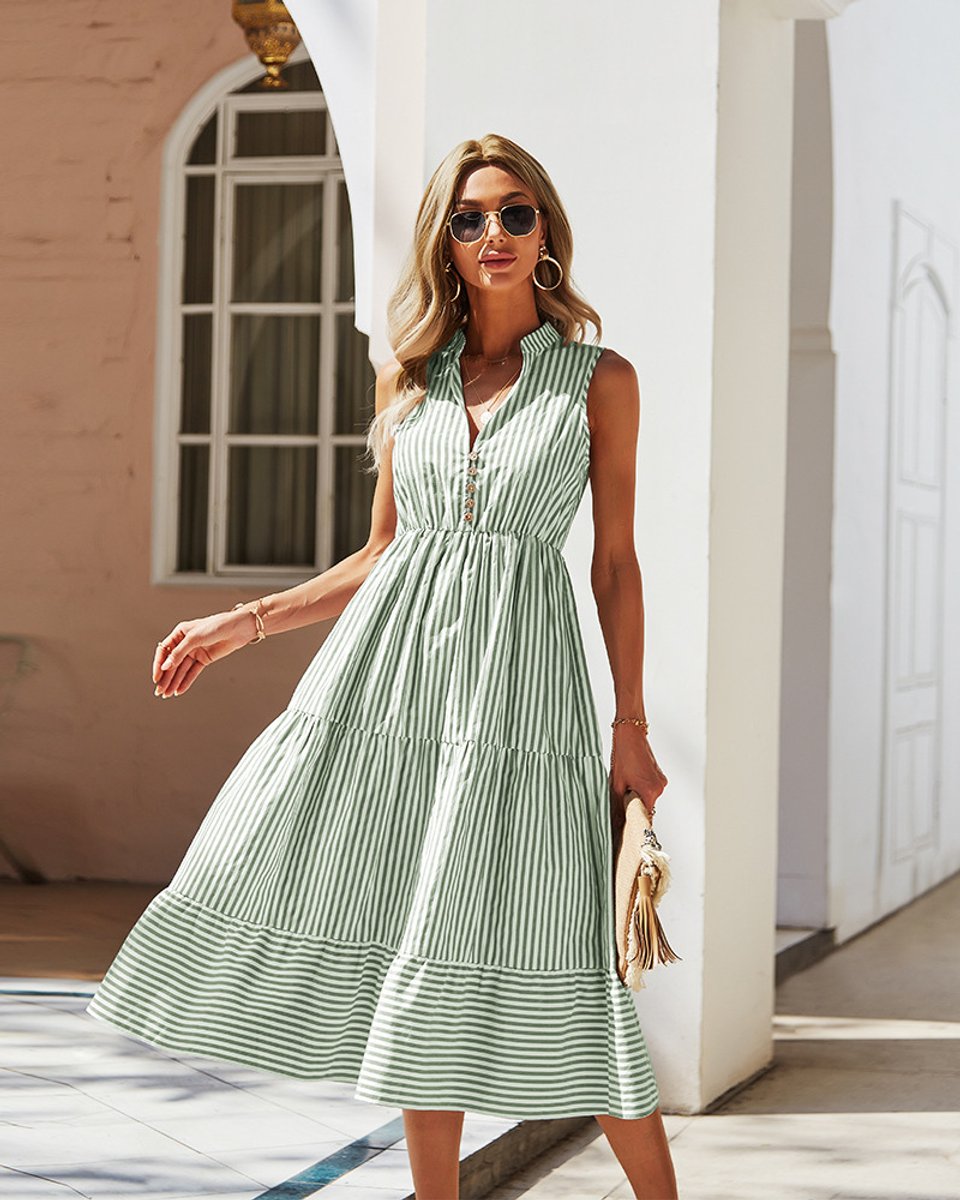 Women's Striped Sleeveless Button-Front Fall Midi Dress