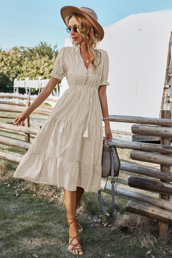 Women's Striped Tassel-Trim Tiered Fall Midi Dress