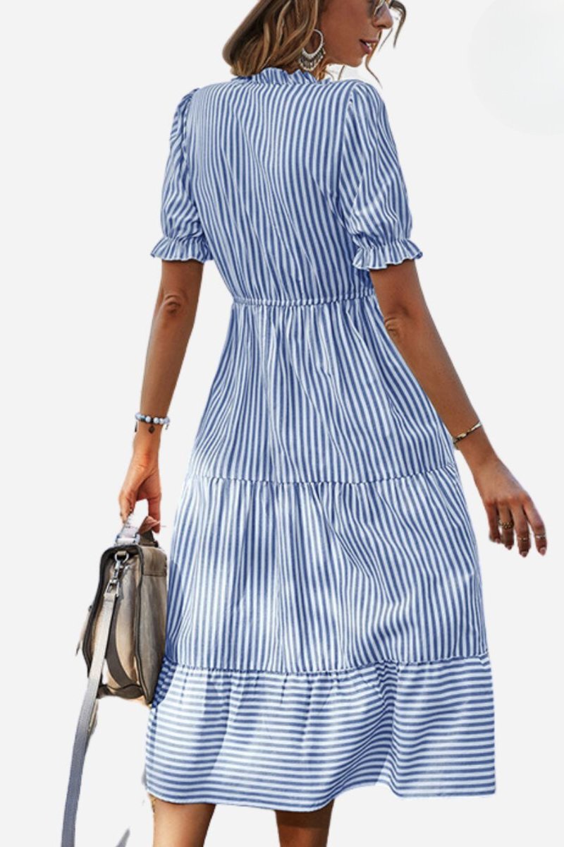 Women's Striped Tassel-Trim Tiered Fall Midi Dress