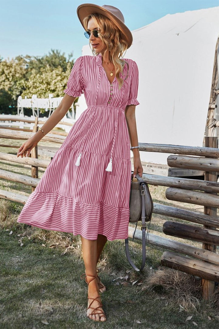 Women's Striped Tassel-Trim Tiered Fall Midi Dress