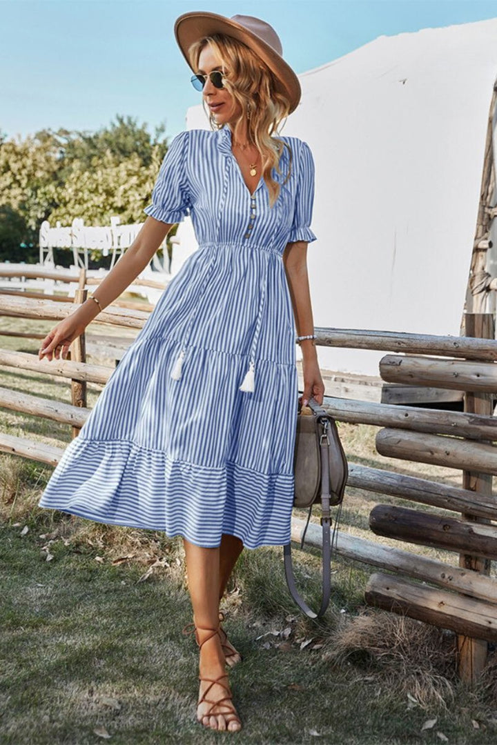 Women's Striped Tassel-Trim Tiered Fall Midi Dress
