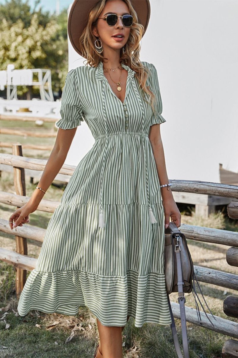 Women's Striped Tassel-Trim Tiered Fall Midi Dress