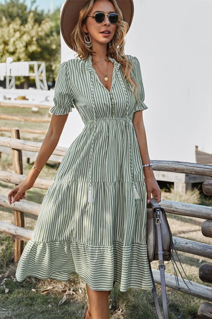 Women's Striped Tassel-Trim Tiered Fall Midi Dress