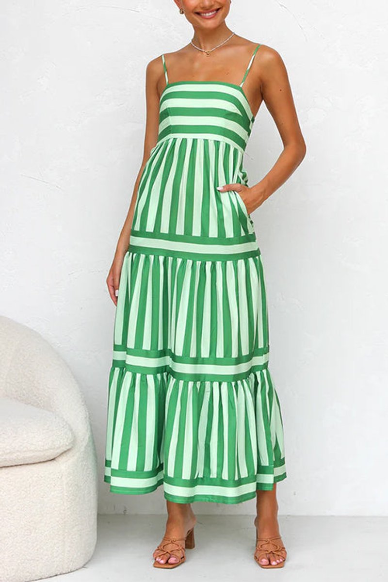 Women's Striped Tiered Spaghetti-Strap Fall Wedding Guest Dress Maxi