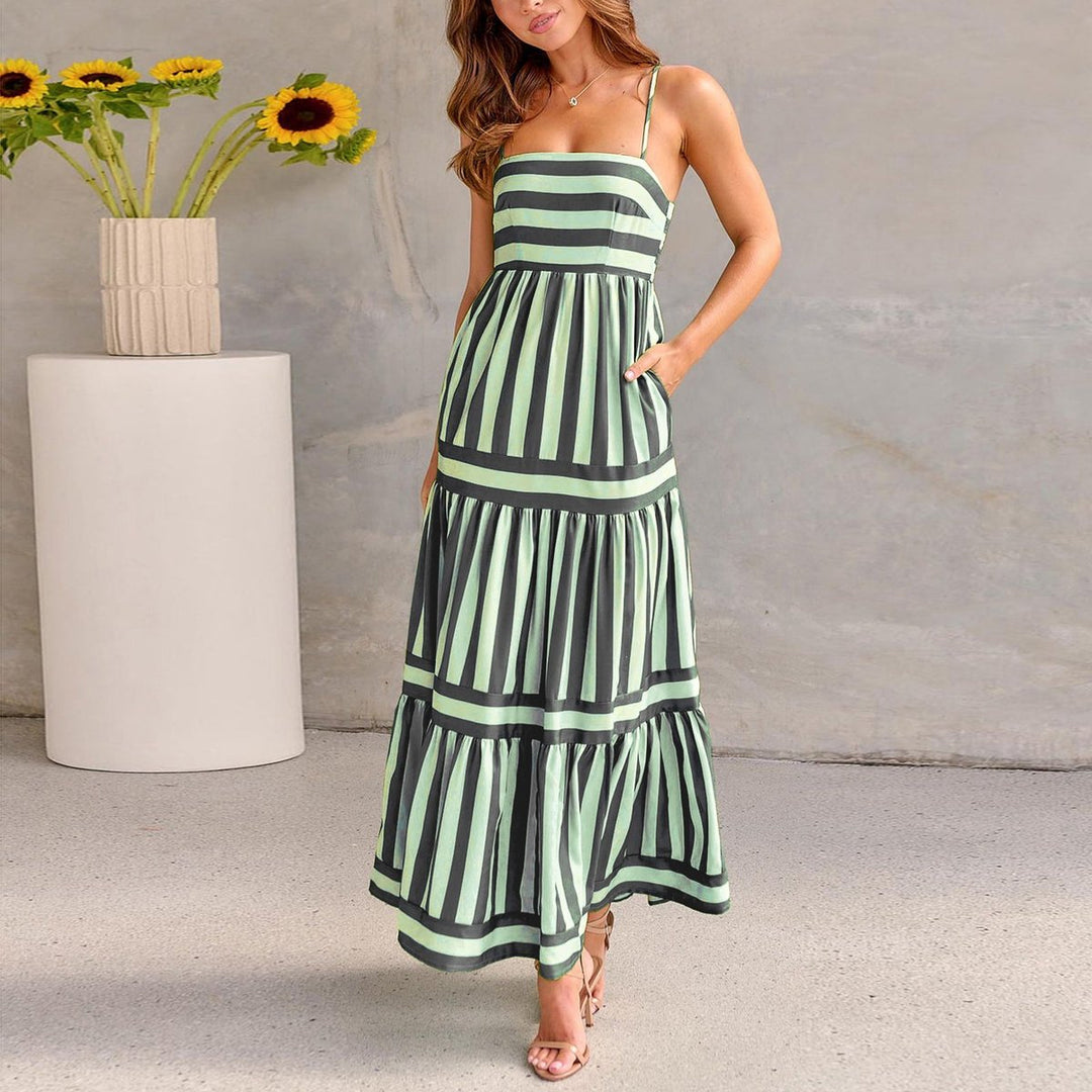 Women's Striped Tiered Spaghetti-Strap Fall Wedding Guest Dress Maxi