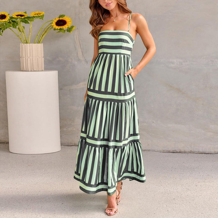 Women's Striped Tiered Spaghetti-Strap Fall Wedding Guest Dress Maxi