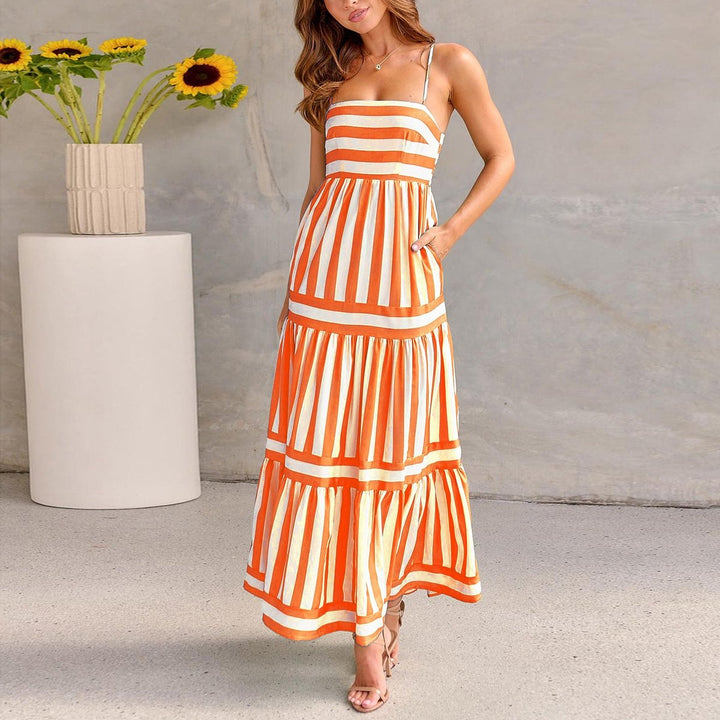Women's Striped Tiered Spaghetti-Strap Fall Wedding Guest Dress Maxi