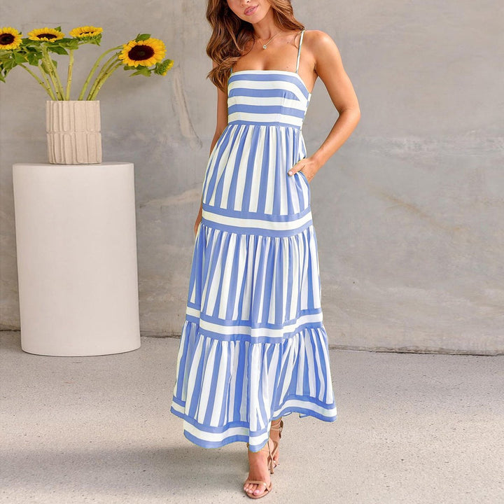 Women's Striped Tiered Spaghetti-Strap Fall Wedding Guest Dress Maxi