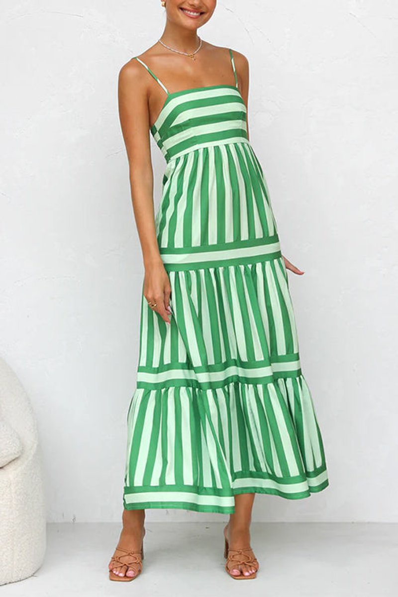Women's Striped Tiered Spaghetti-Strap Fall Wedding Guest Dress Maxi