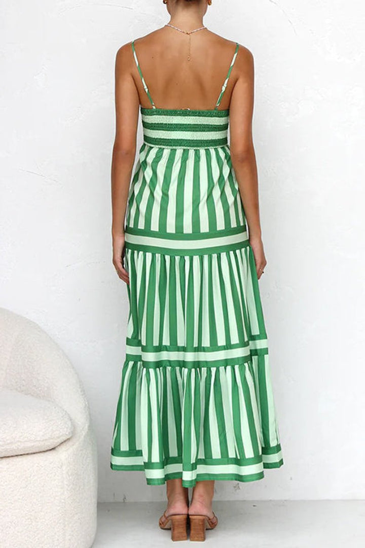 Women's Striped Tiered Spaghetti-Strap Fall Wedding Guest Dress Maxi