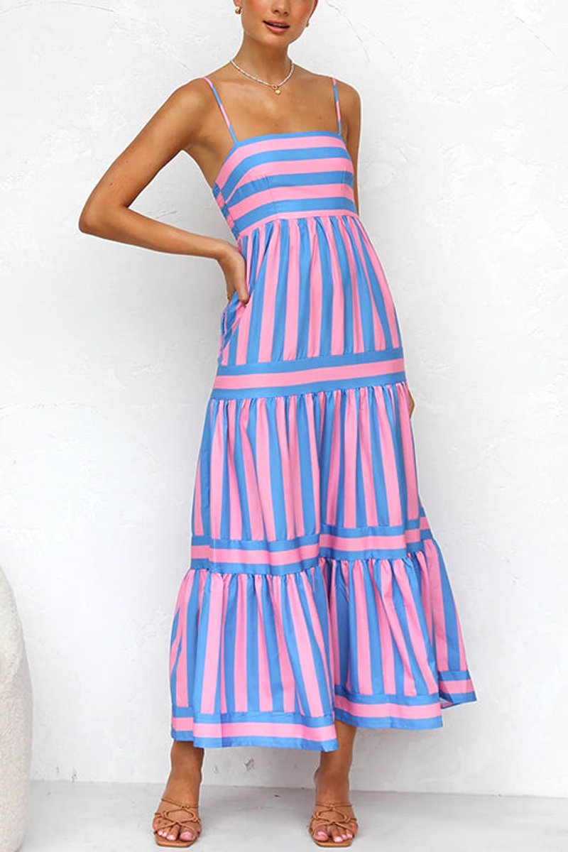 Women's Striped Tiered Spaghetti-Strap Fall Wedding Guest Dress Maxi
