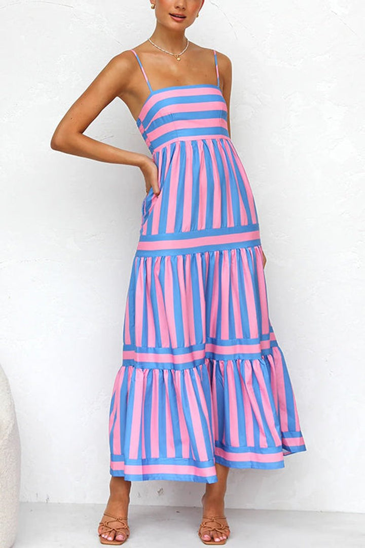 Women's Striped Tiered Spaghetti-Strap Fall Wedding Guest Dress Maxi