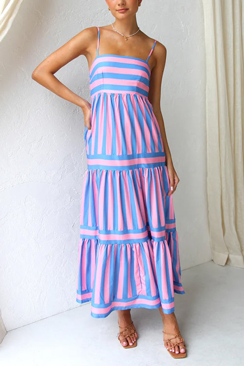 Women's Striped Tiered Spaghetti-Strap Fall Wedding Guest Dress Maxi