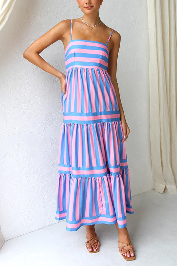 Women's Striped Tiered Spaghetti-Strap Fall Wedding Guest Dress Maxi