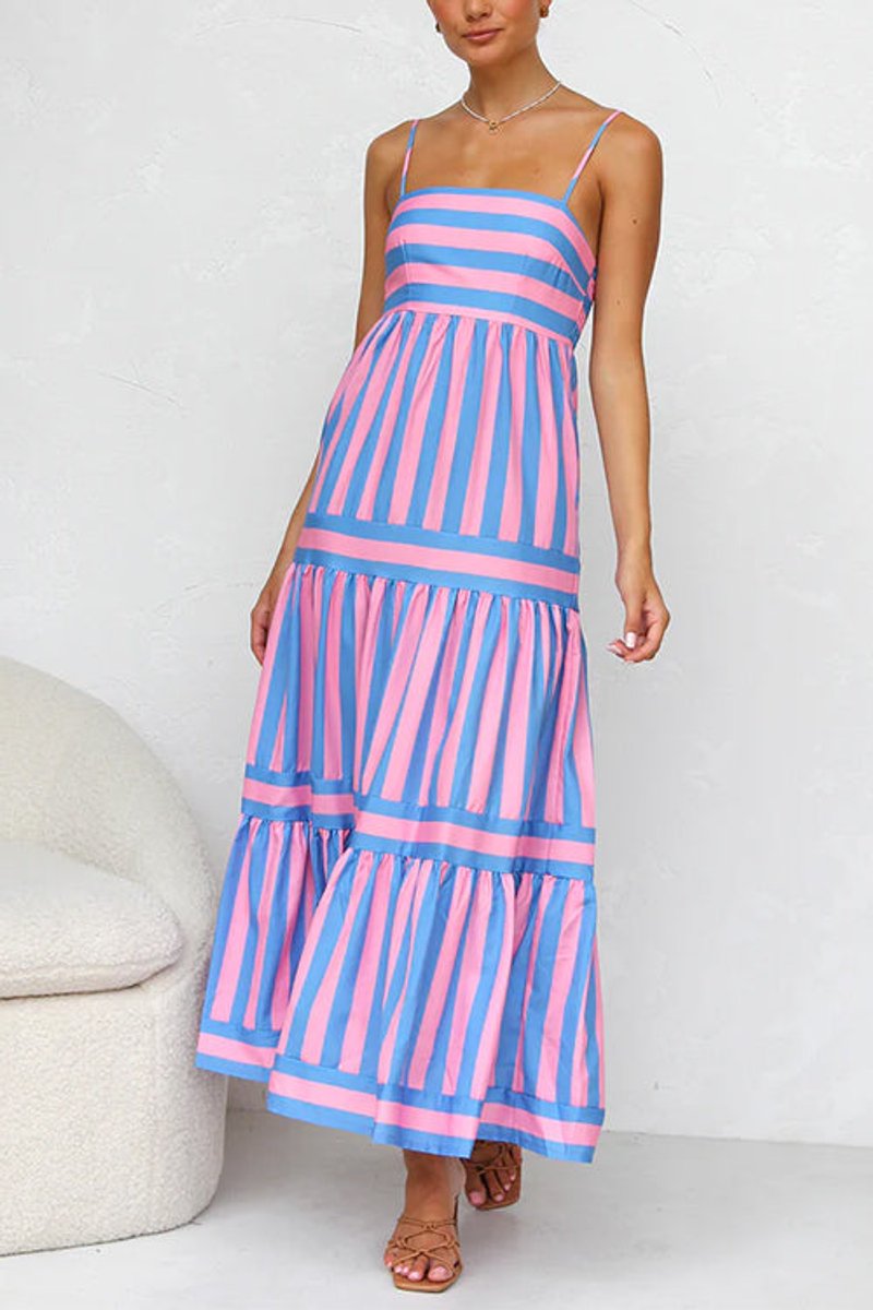 Women's Striped Tiered Spaghetti-Strap Fall Wedding Guest Dress Maxi