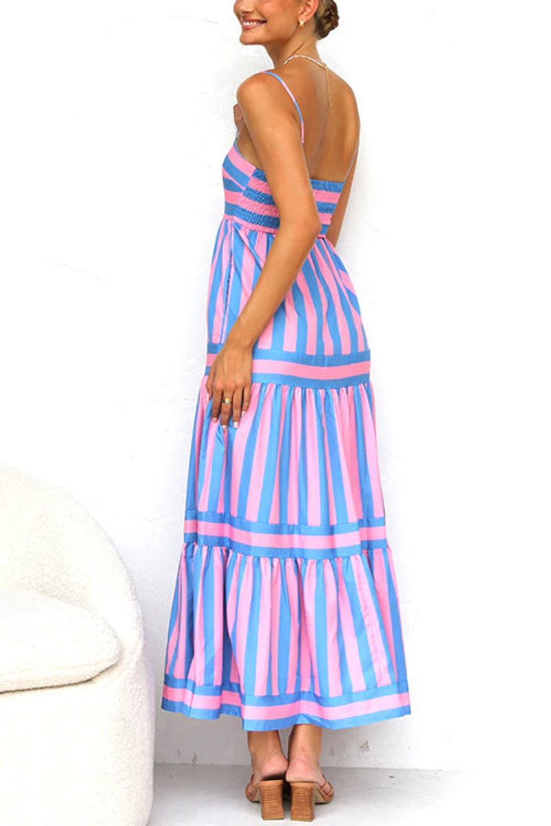 Women's Striped Tiered Spaghetti-Strap Fall Wedding Guest Dress Maxi