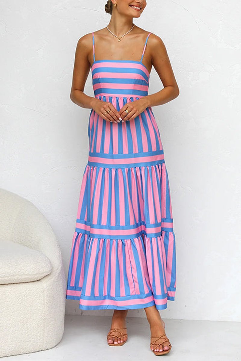 Women's Striped Tiered Spaghetti-Strap Fall Wedding Guest Dress Maxi