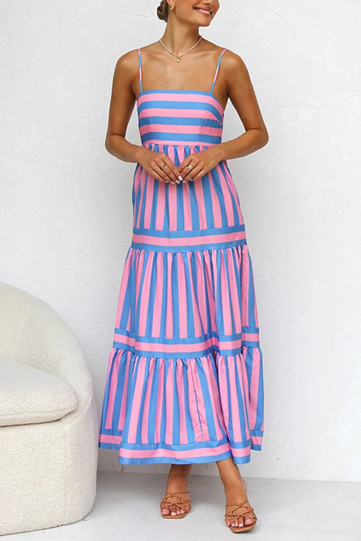 Women's Striped Tiered Spaghetti-Strap Fall Wedding Guest Dress Maxi
