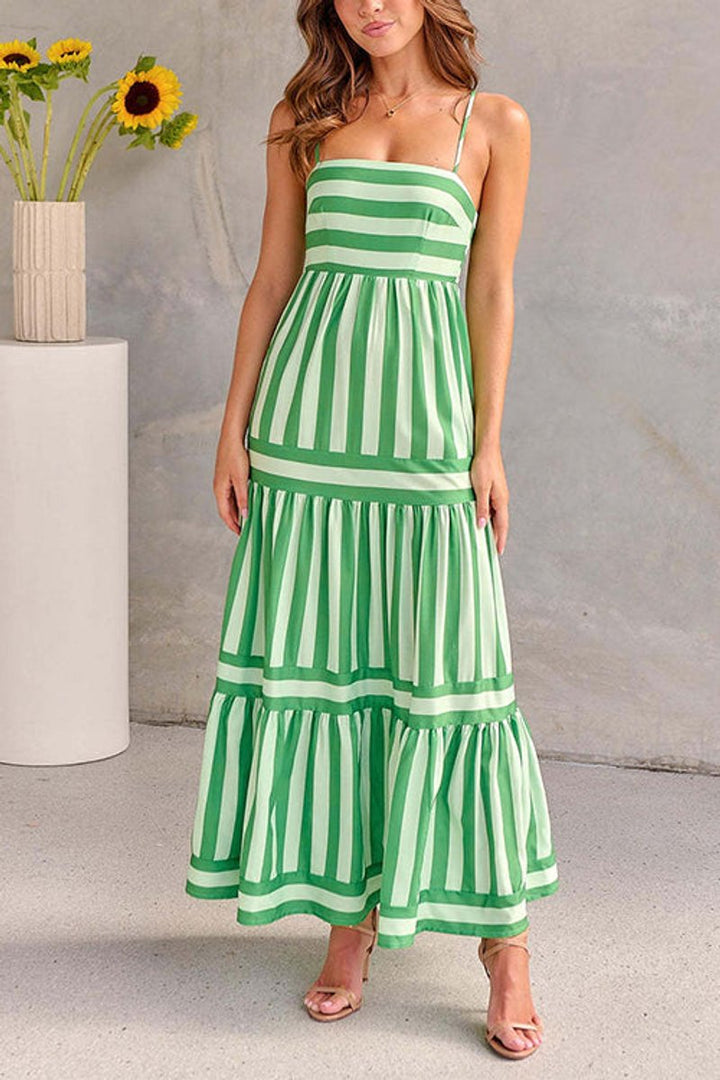 Women's Striped Tiered Spaghetti-Strap Fall Wedding Guest Dress Maxi