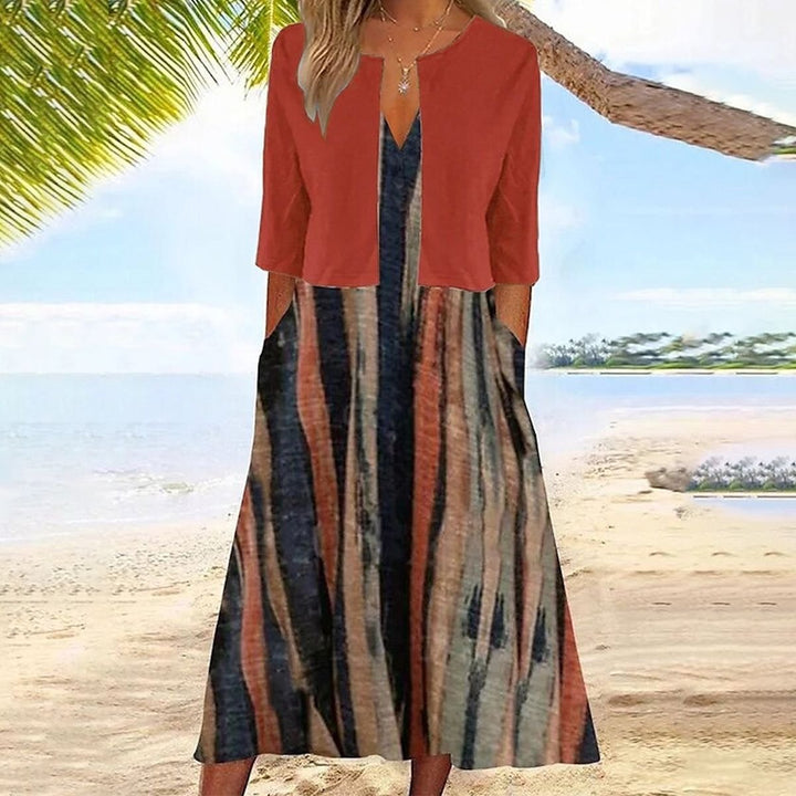 Women's Striped Two-Piece Fall Midi Dress Cropped Jacket Set