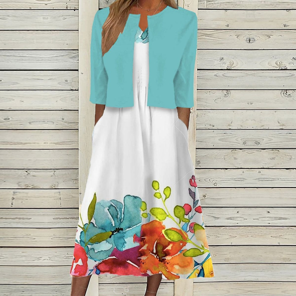 Women's Striped Two-Piece Fall Midi Dress Cropped Jacket Set