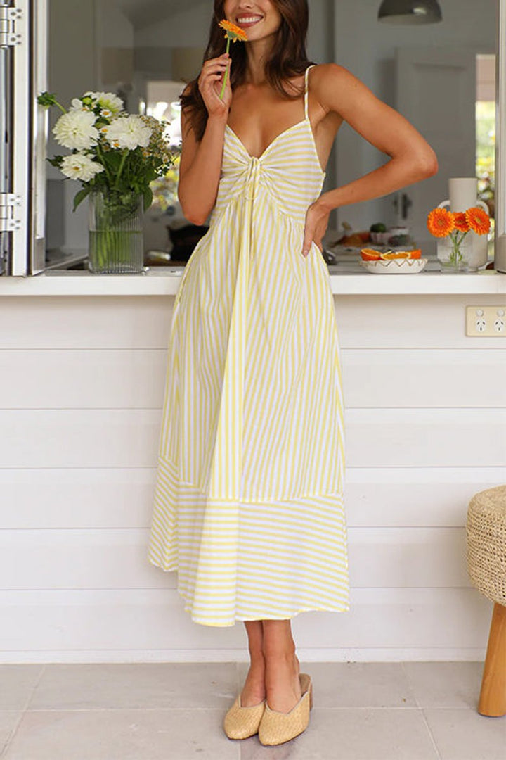 Women's Striped V-Neck Lace-Up Fall Midi Dress Cami