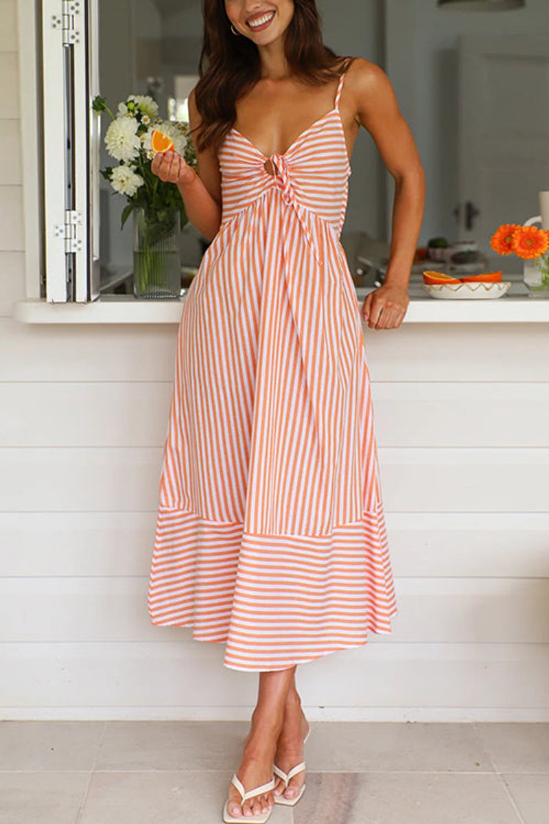 Women's Striped V-Neck Lace-Up Fall Midi Dress Cami