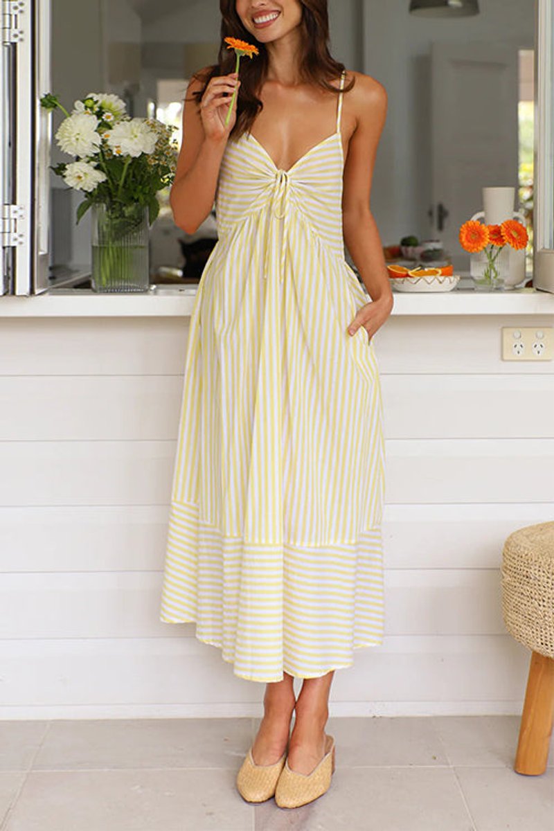 Women's Striped V-Neck Lace-Up Fall Midi Dress Cami