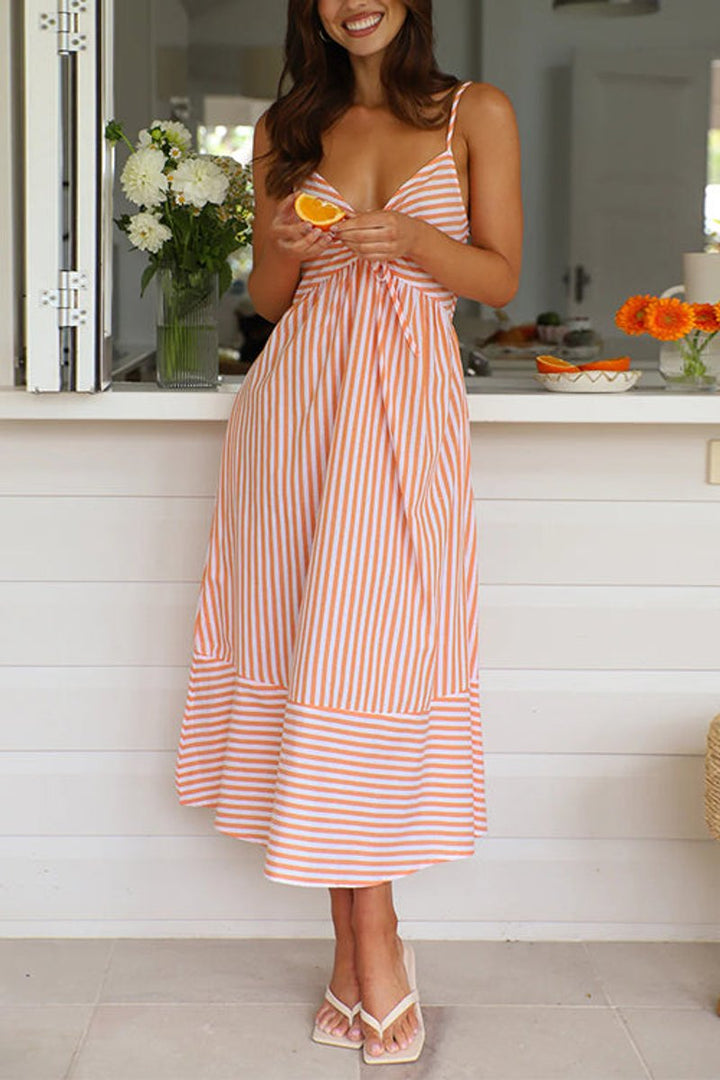 Women's Striped V-Neck Lace-Up Fall Midi Dress Cami