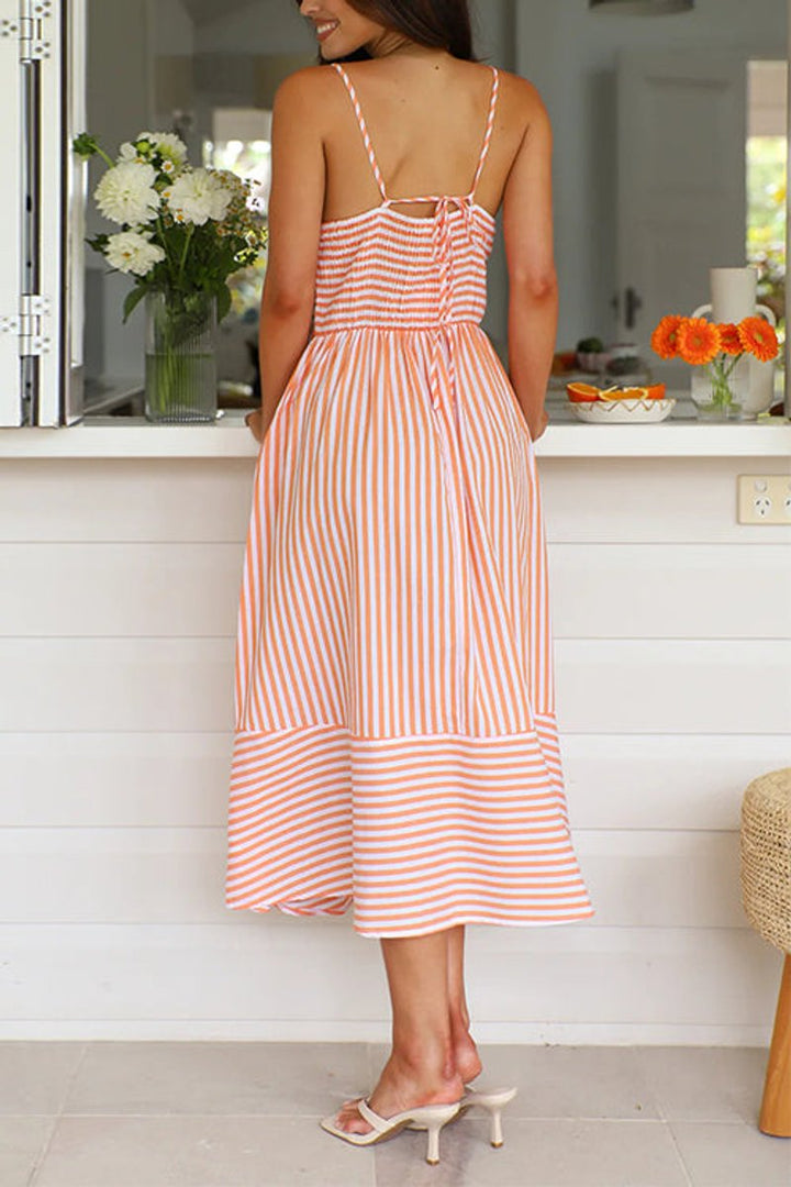 Women's Striped V-Neck Lace-Up Fall Midi Dress Cami