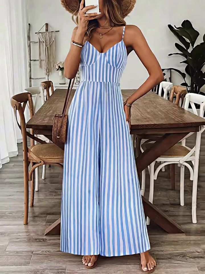 Women's Striped Wide-Leg V-Neck Fall Wedding Guest Dress Jumpsuit