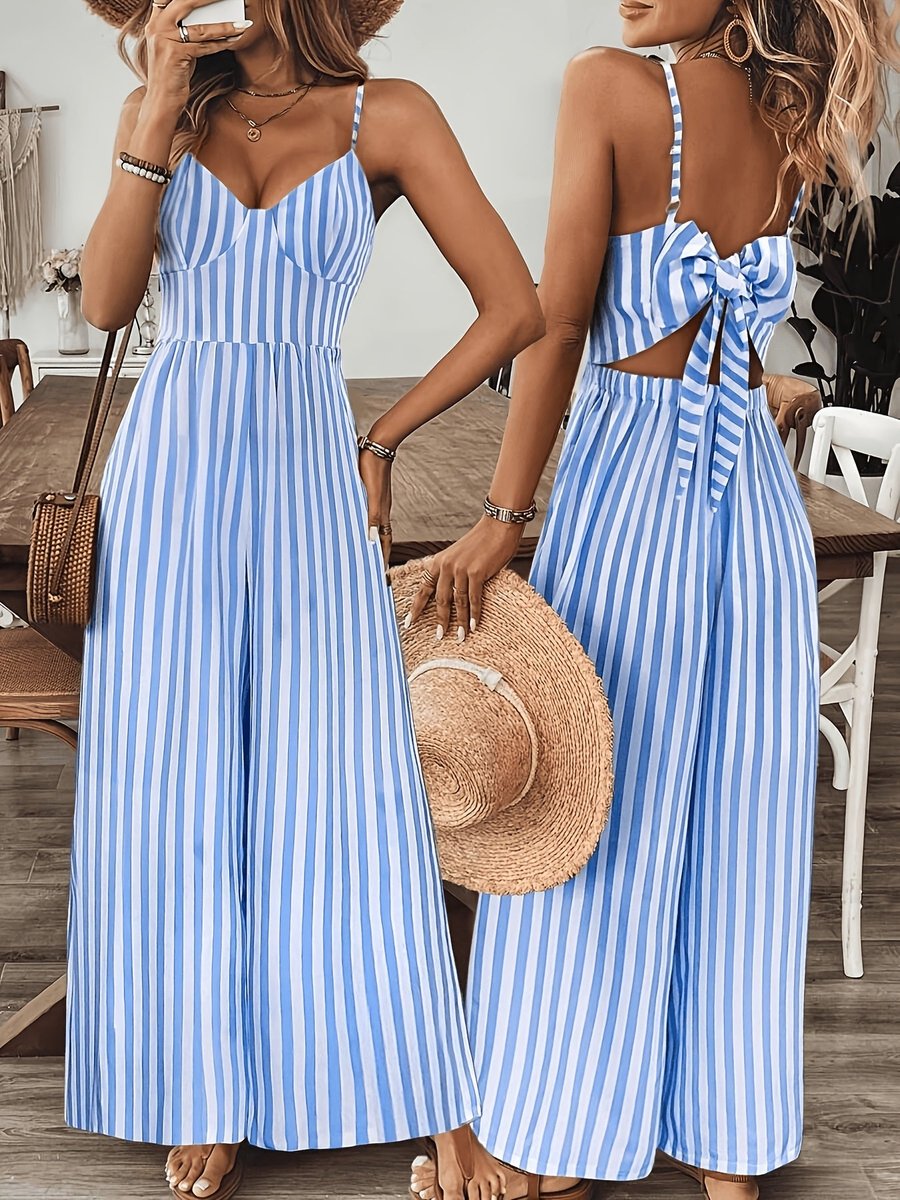Women's Striped Wide-Leg V-Neck Fall Wedding Guest Dress Jumpsuit