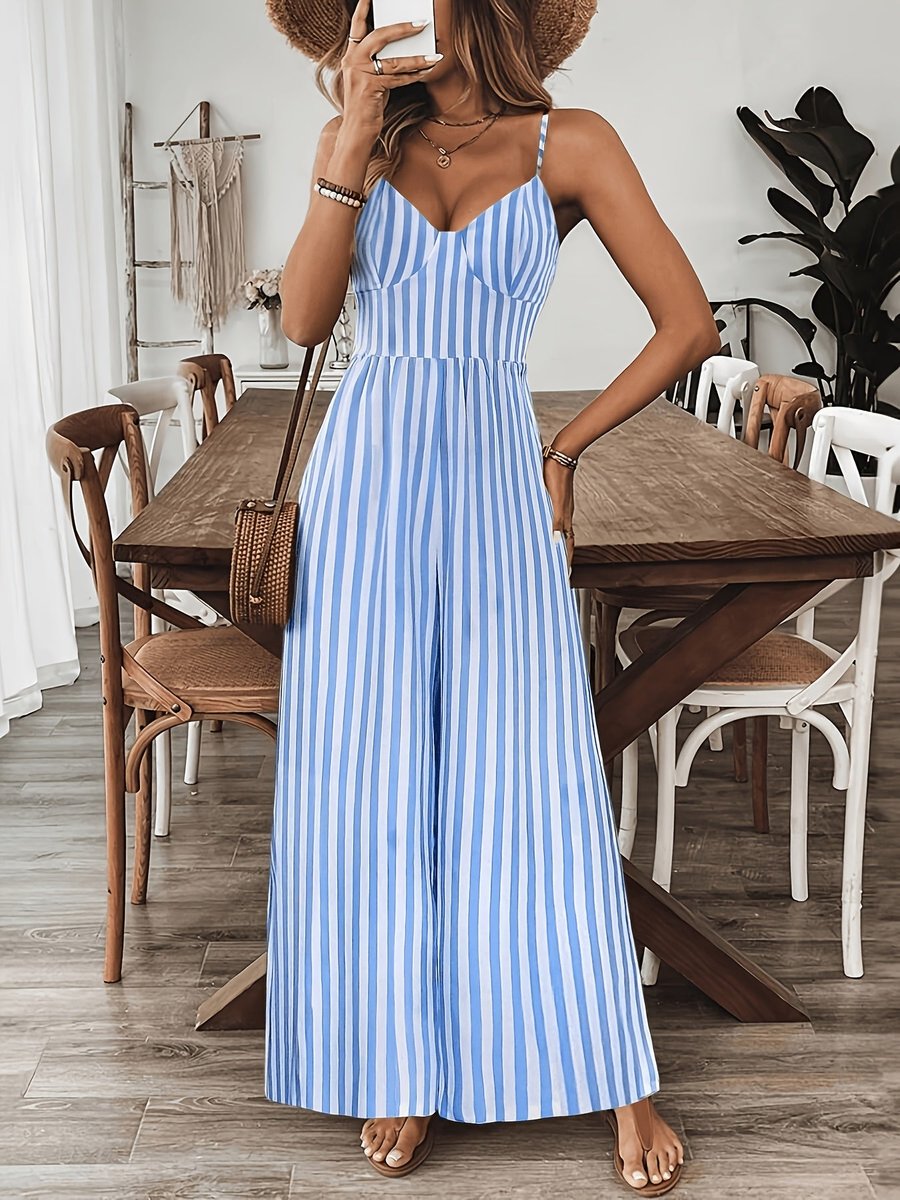 Women's Striped Wide-Leg V-Neck Fall Wedding Guest Dress Jumpsuit