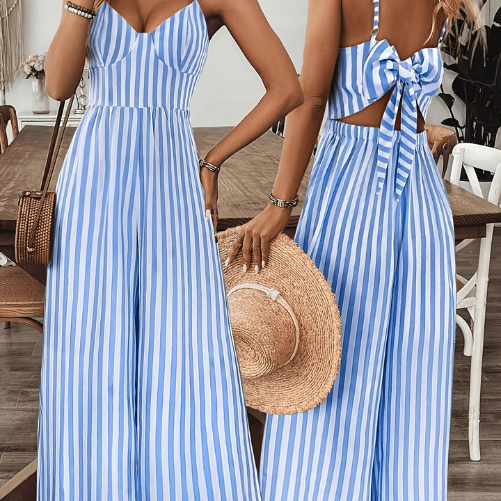 Women's Striped Wide-Leg V-Neck Fall Wedding Guest Dress Jumpsuit