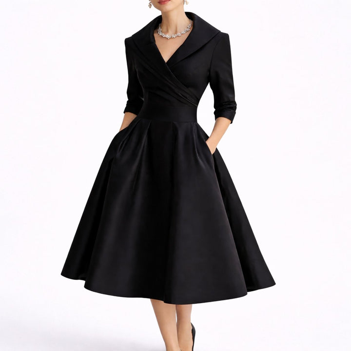 Women's Structured A-Line Midi Fall Wedding Guest Dress 3/4 Sleeve