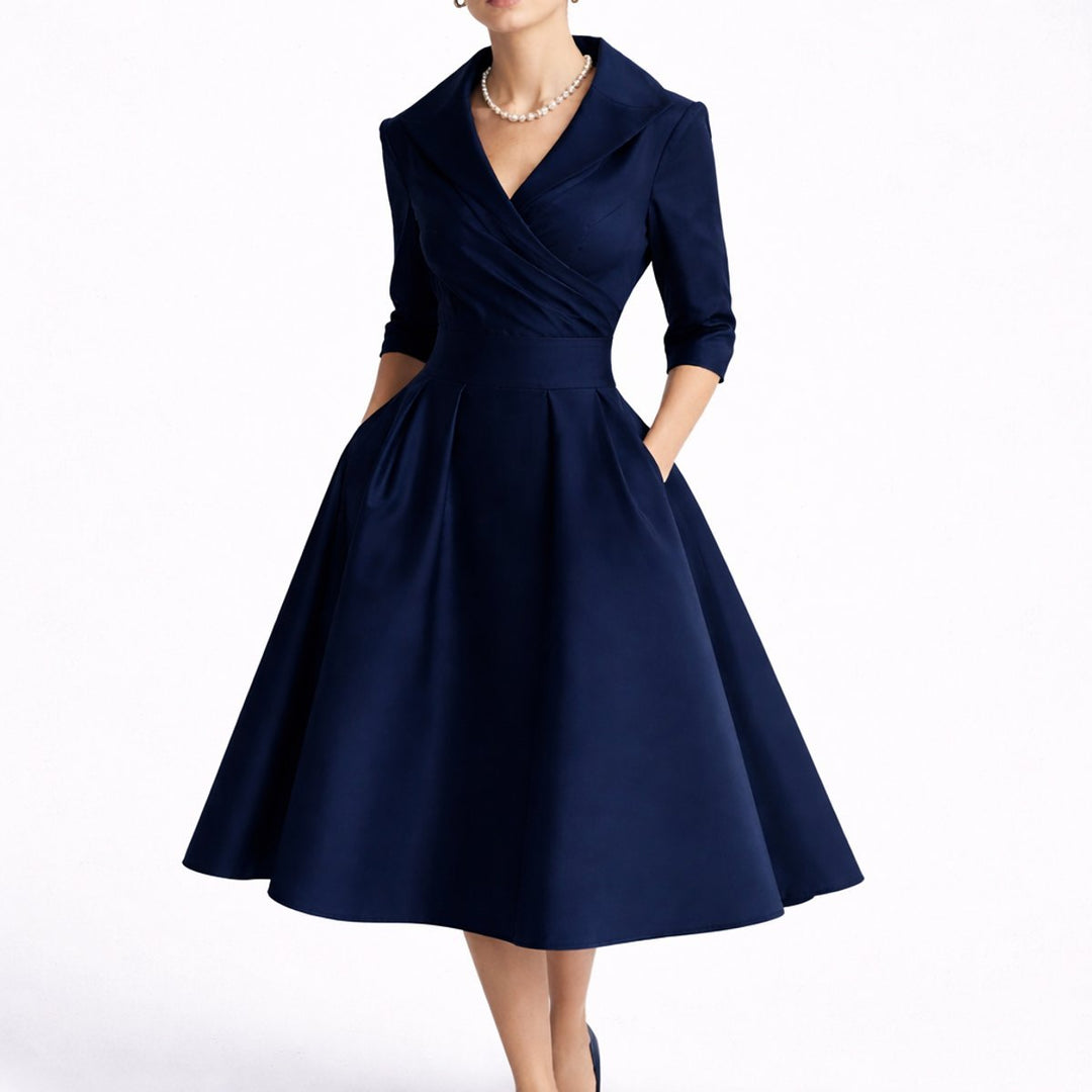Women's Structured A-Line Midi Fall Wedding Guest Dress 3/4 Sleeve