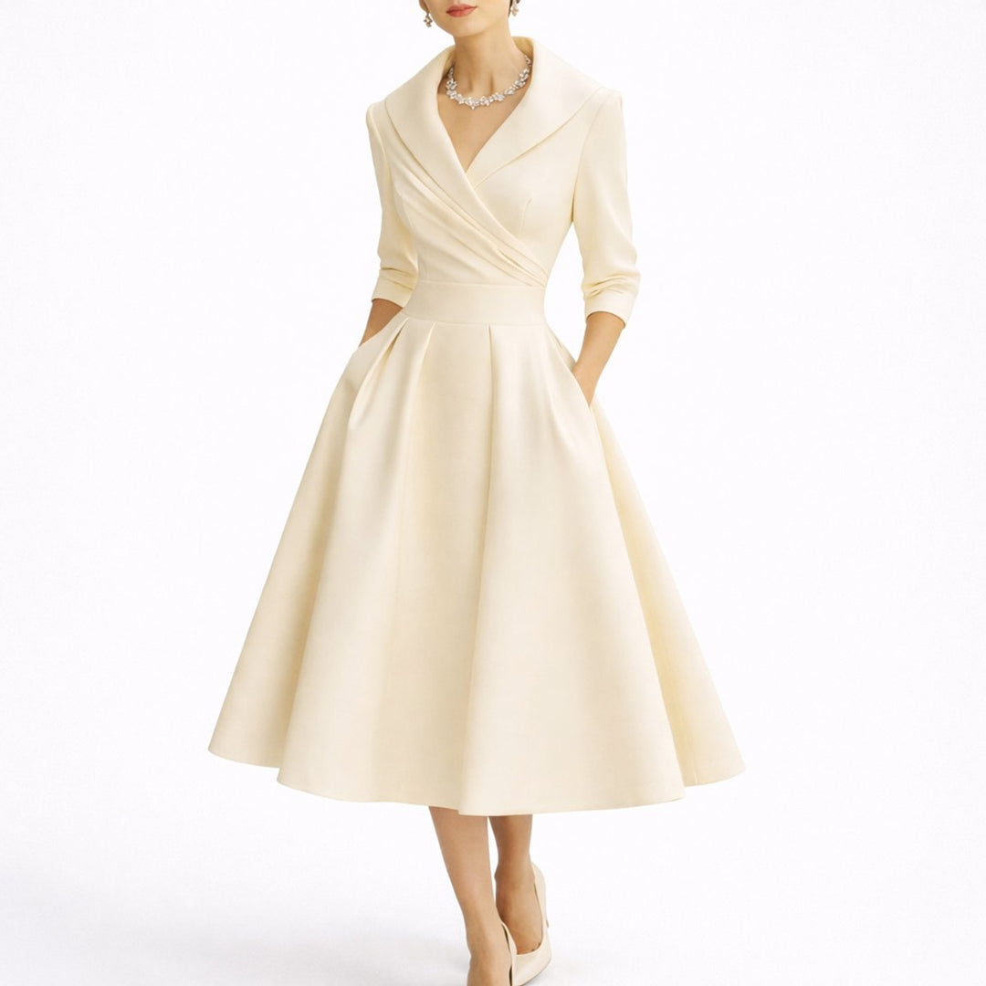 Women's Structured A-Line Midi Fall Wedding Guest Dress 3/4 Sleeve