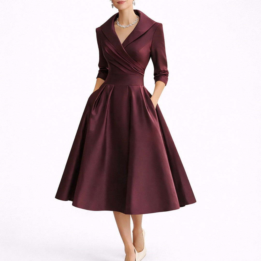 Women's Structured A-Line Midi Fall Wedding Guest Dress 3/4 Sleeve