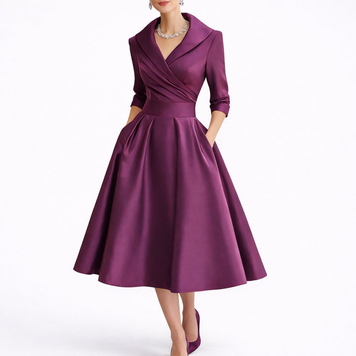 Women's Structured A-Line Midi Fall Wedding Guest Dress 3/4 Sleeve