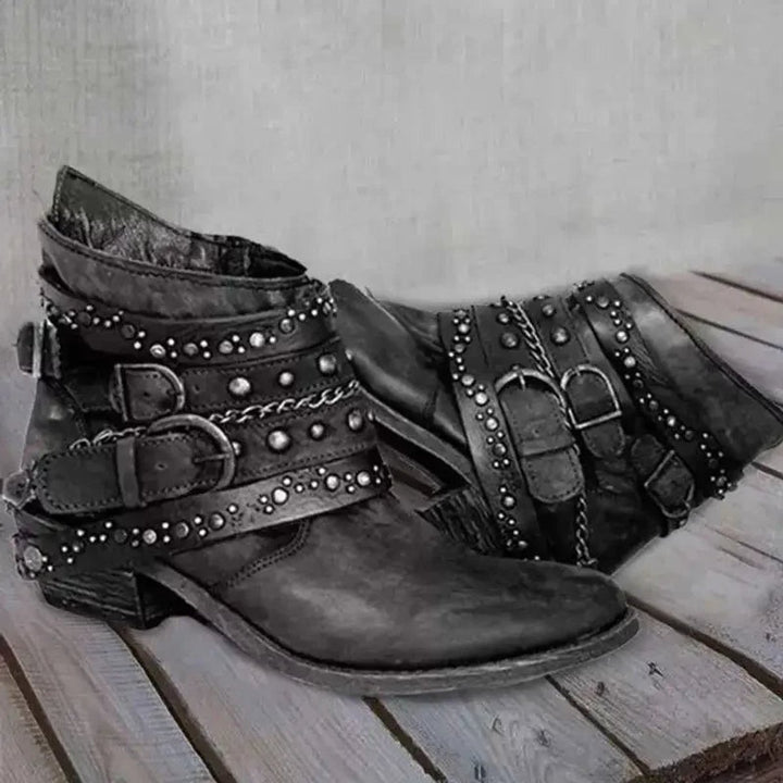 Women's Studded Buckle-Strap Moto Ankle Boots