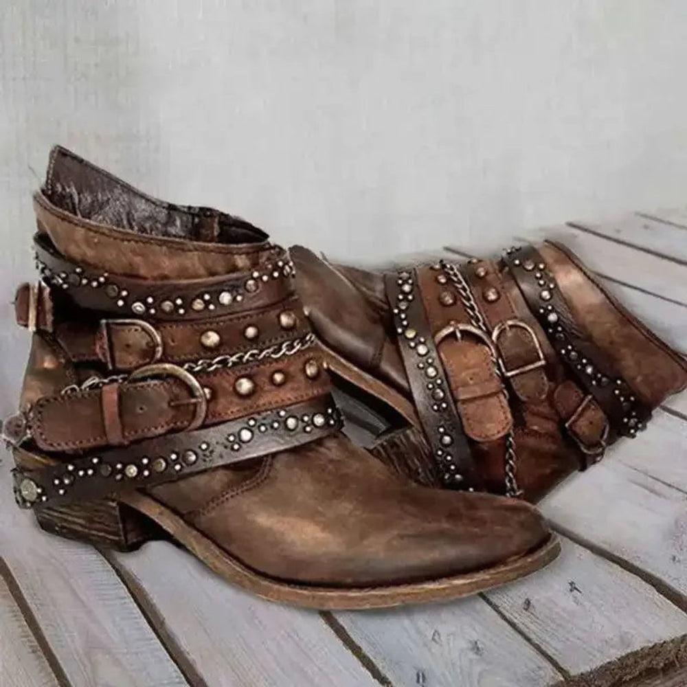 Women's Studded Buckle-Strap Moto Ankle Boots