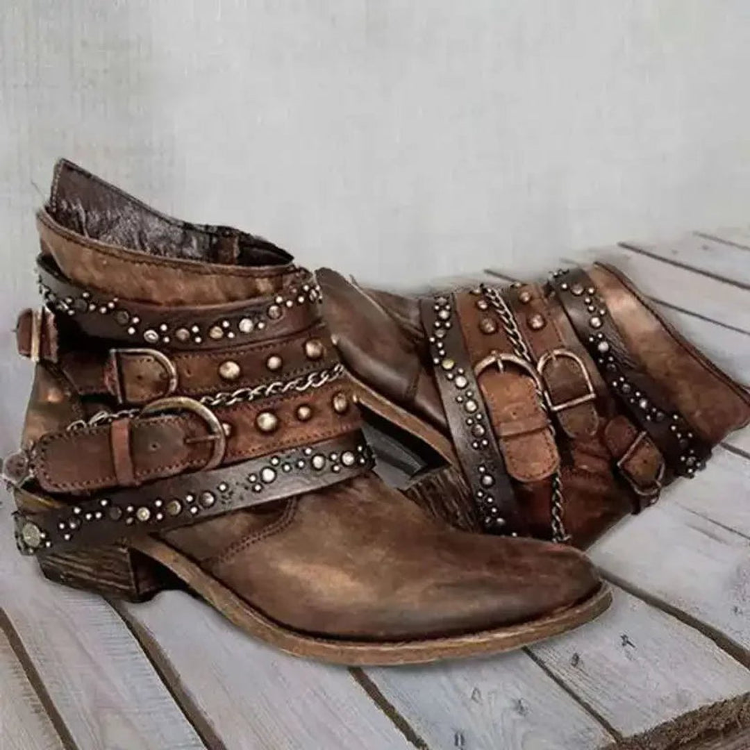 Women's Studded Buckle-Strap Moto Ankle Boots